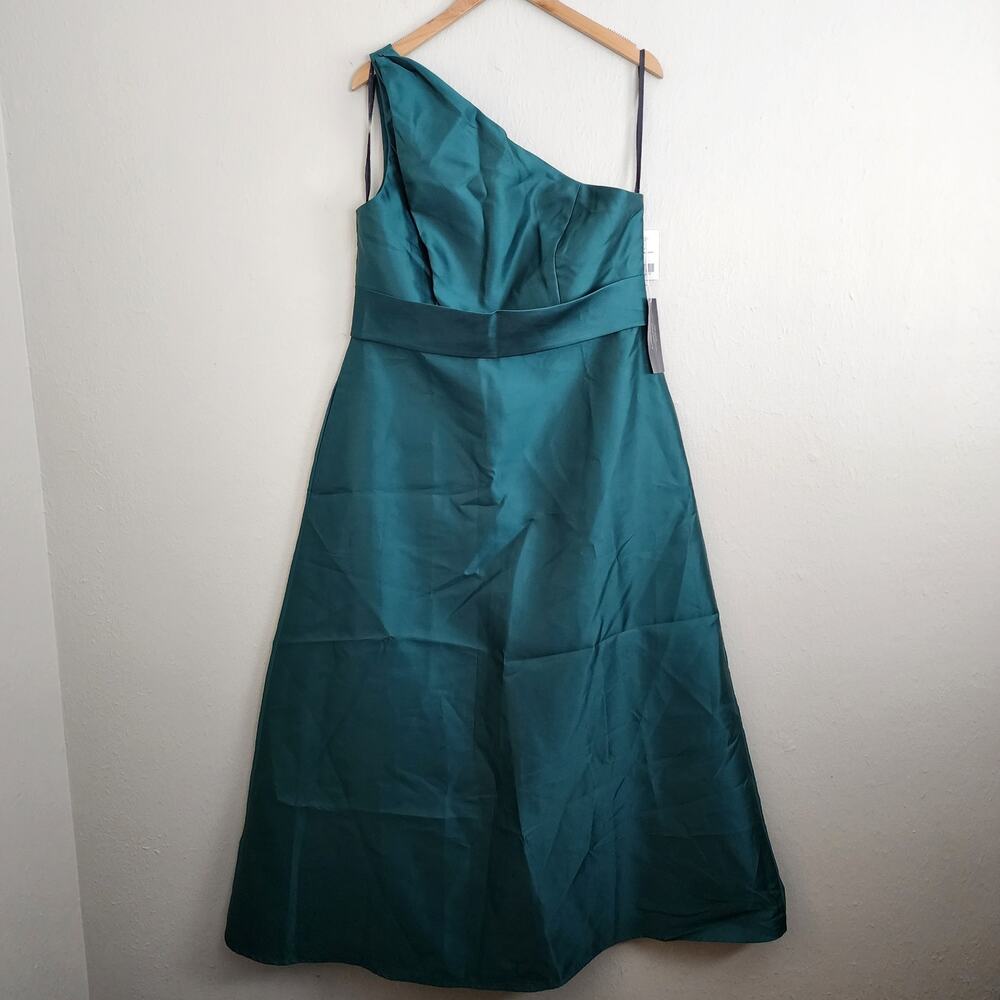 Alfred Sung One Shoulder Satin A-Line Gown Hunter Green Pockets NWT Plus Size 16 - Picture 3 of 9